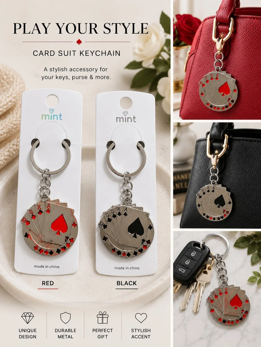 🃏 Playing Card Keychain / Purse Charm – Red or Black